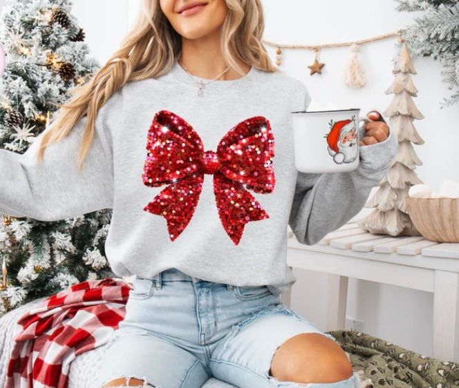 Emmy Red (faux) Sequin Bow Crewneck