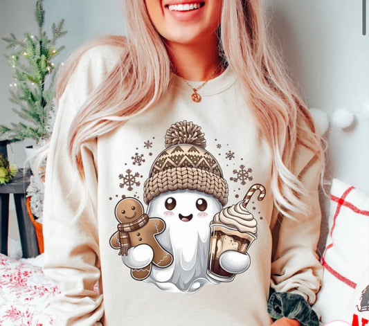 Christmas Ghost with beanie and coffee crewneck