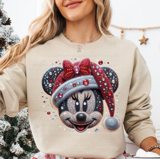 Girl Mouse Santa Faux Glitter Crewneck