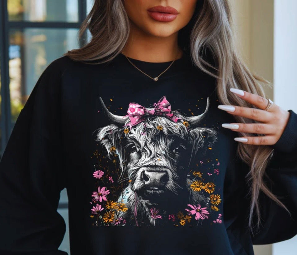 Floral Hyland Cow Crewneck