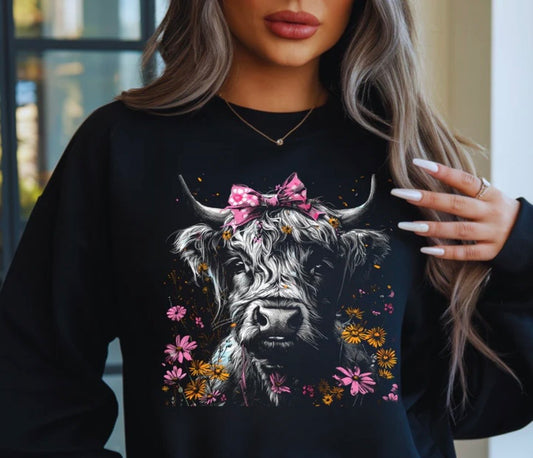 Floral Hyland Cow Crewneck