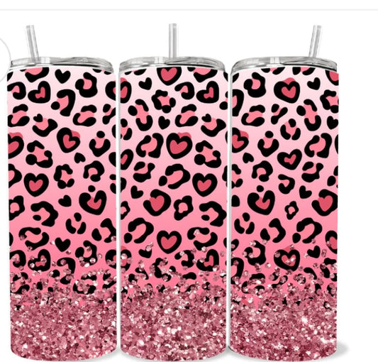 Pink Cheetah faux glitter skinny tumbler