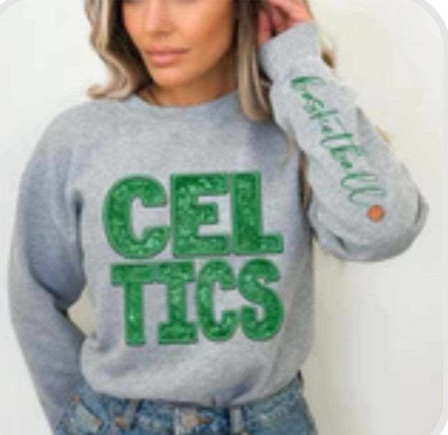 Celtics (faux sequin) crewneck with sleeve detail