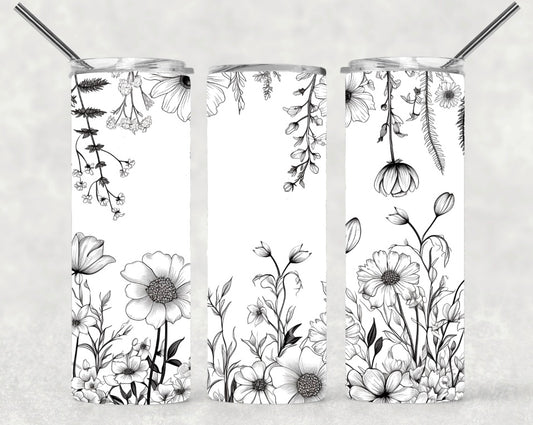 Black and white floral skinny tumbler