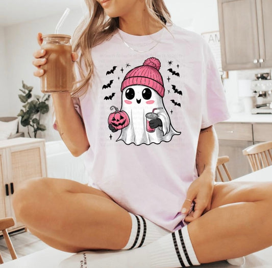 Ghost with pink beanie tee