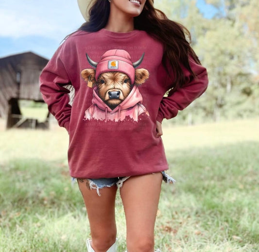 Pink Cow beanie crewneck