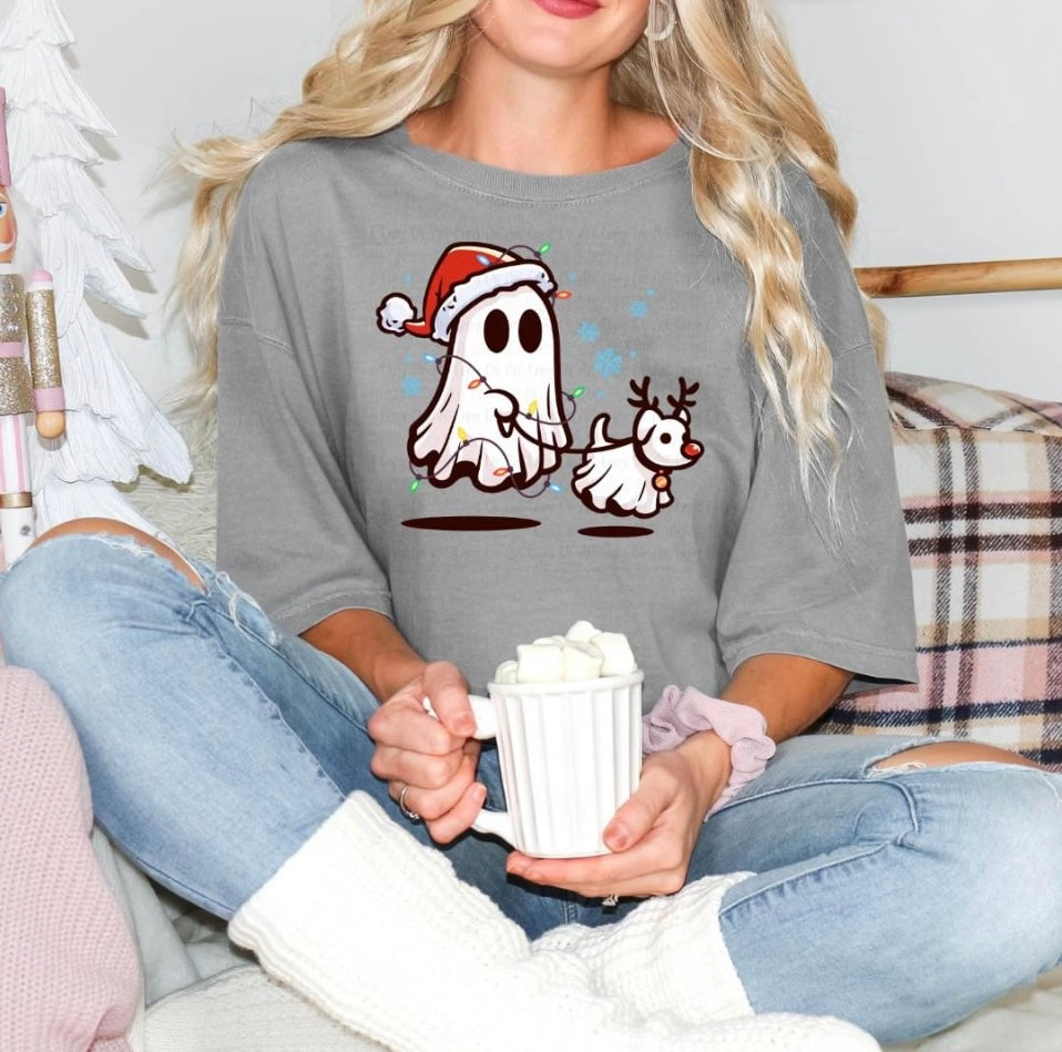 Christmas ghost walking dog reindeer crewneck