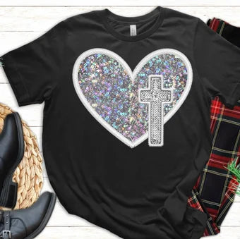 Faux sequin Cross heart tee