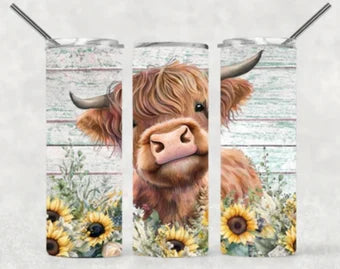 Hyland Cow with sunflower skinny tumbler